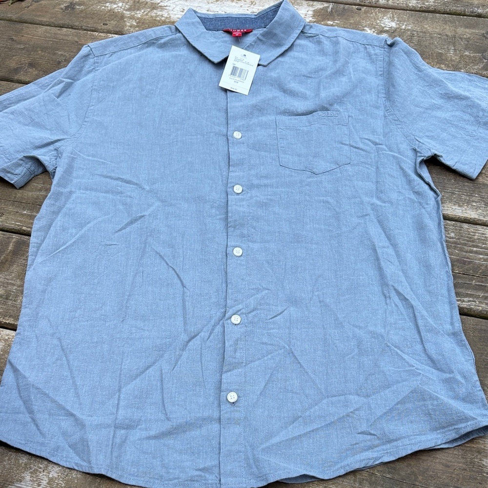 NWT Guess linen/flax/ cotton blend Men's Blue Short Sleeve Shirt size M